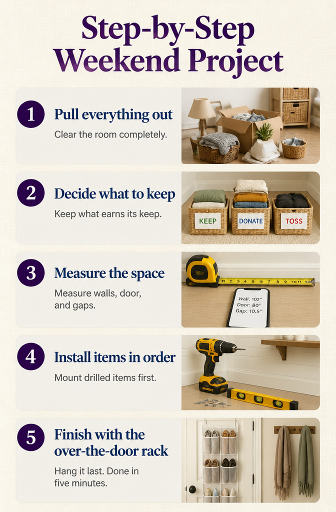 A step-by-step guide for organizing a small room on a table.