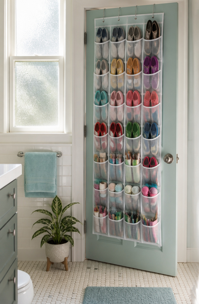 A bathroom door fitted with a bright mesh shoe organizer holding shoes.