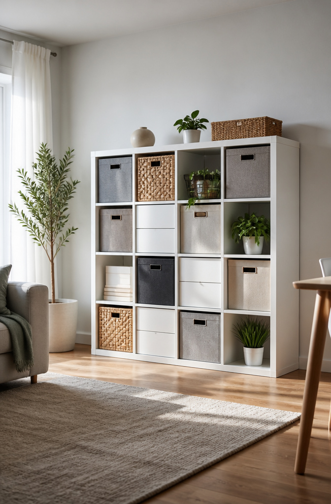 A KALLAX shelf unit filled with bins and decorated with plants.