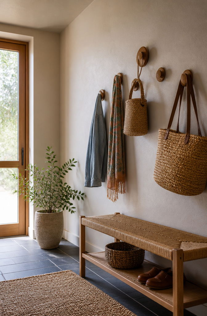 A wall with staggered hooks holding jackets, scarves, and baskets.