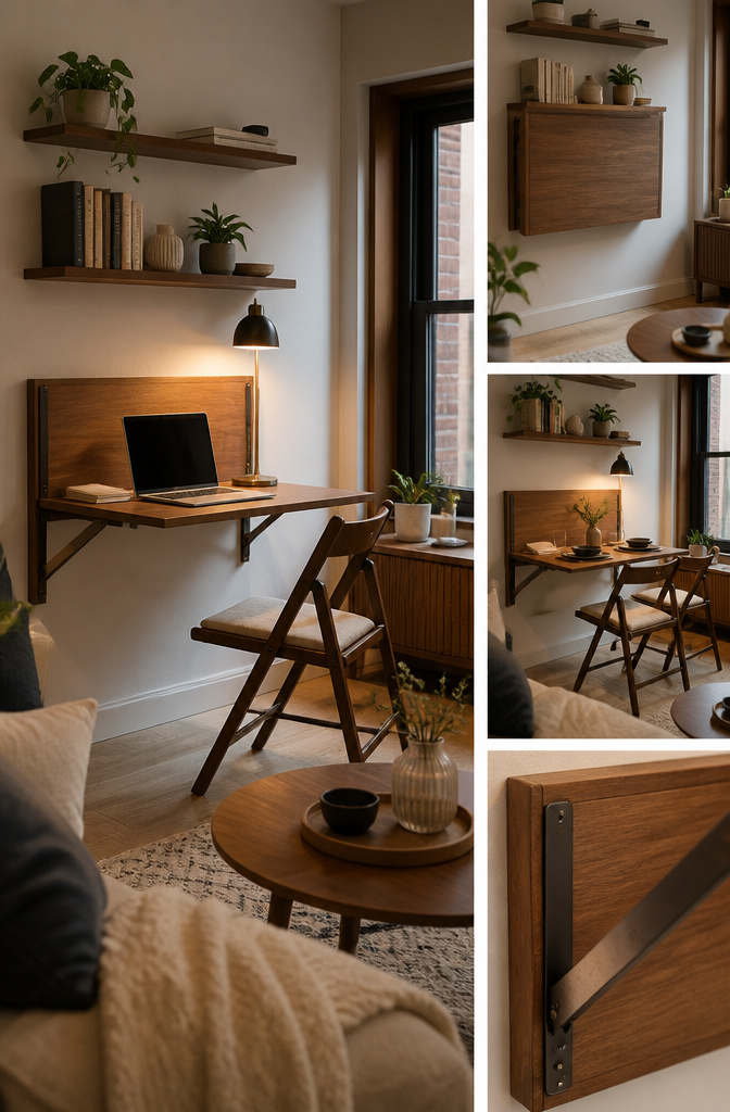 A drop-leaf desk mounted on a wall, saving floor space.