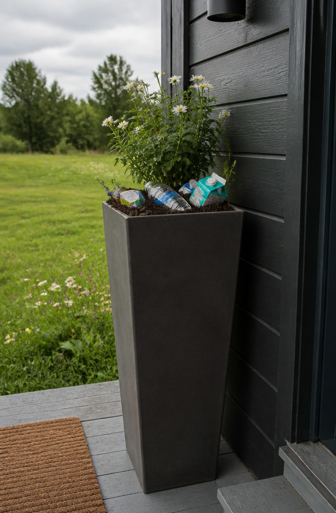 A tall planter filled with lightweight fillers such as milk cartons.