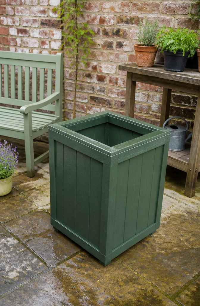A newly painted cedar planter in sage green color.