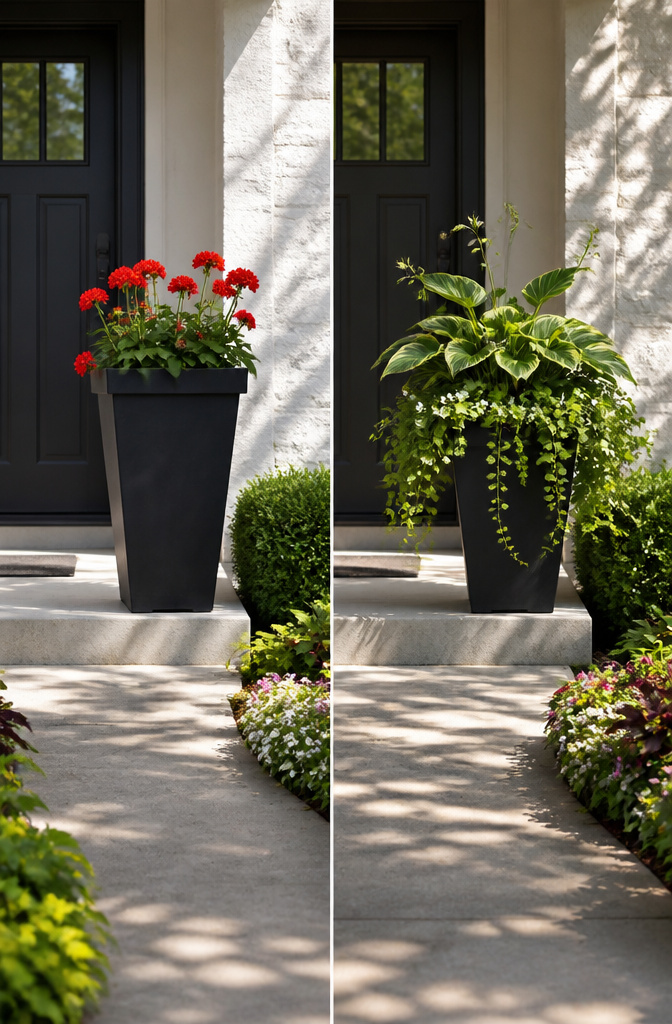 A front door exposed to morning sun with planters nearby.