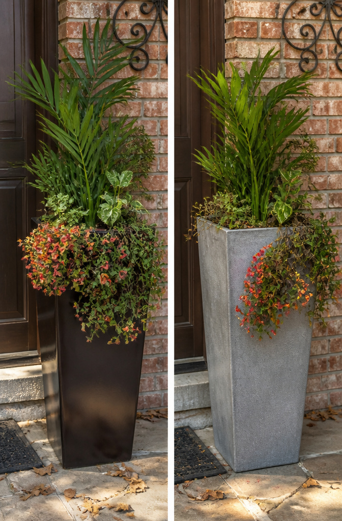 A comparison of living and artificial plants in planters.