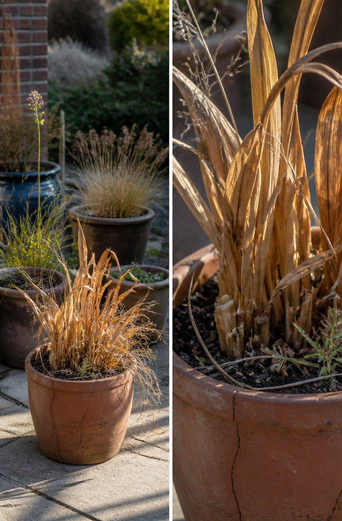 A pot of tulips with fully dead foliage, ready for bulb removal.