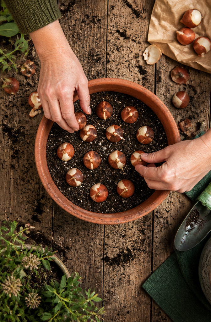 Tulip bulbs placed in a pot, showing the correct planting depth.
