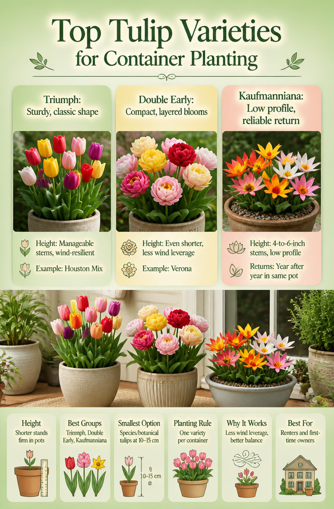 A display of different tulip varieties suitable for container planting.