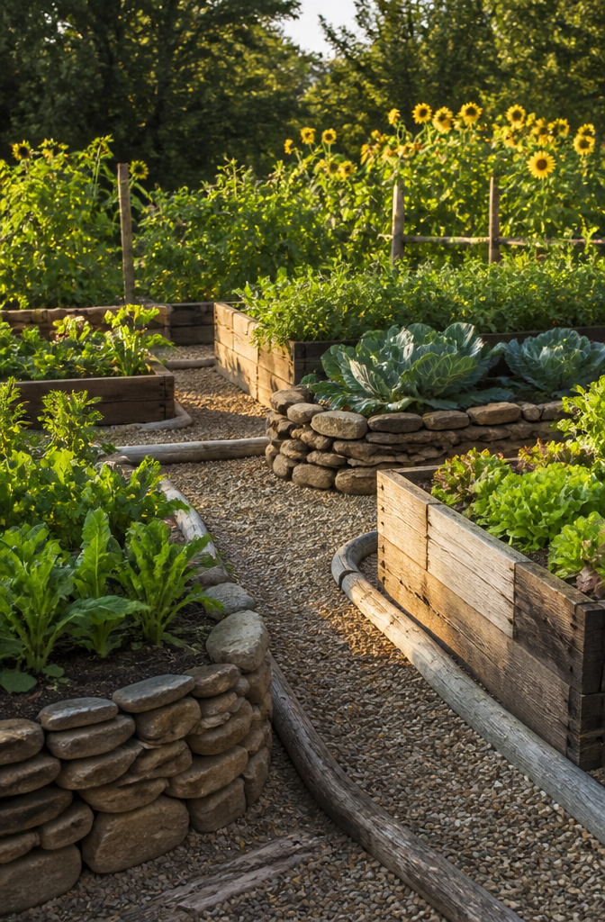 Raised beds of wood and stones with leafy vegetables.