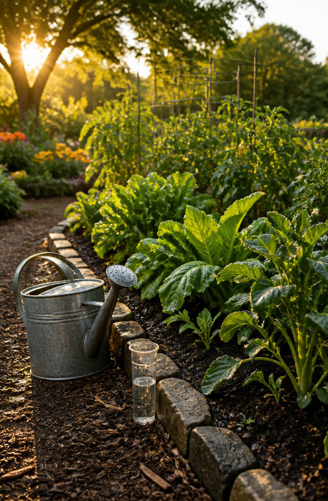 A watering can and rain gauge near a vegetable garden.