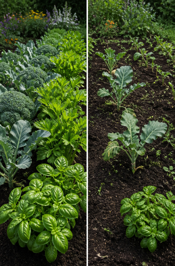 Vegetable plants arranged for companion planting in a garden bed.