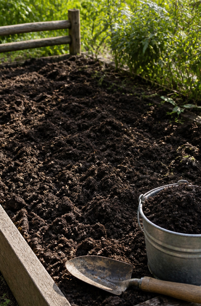 Dark, rich soil prepared for planting with a trowel and compost.