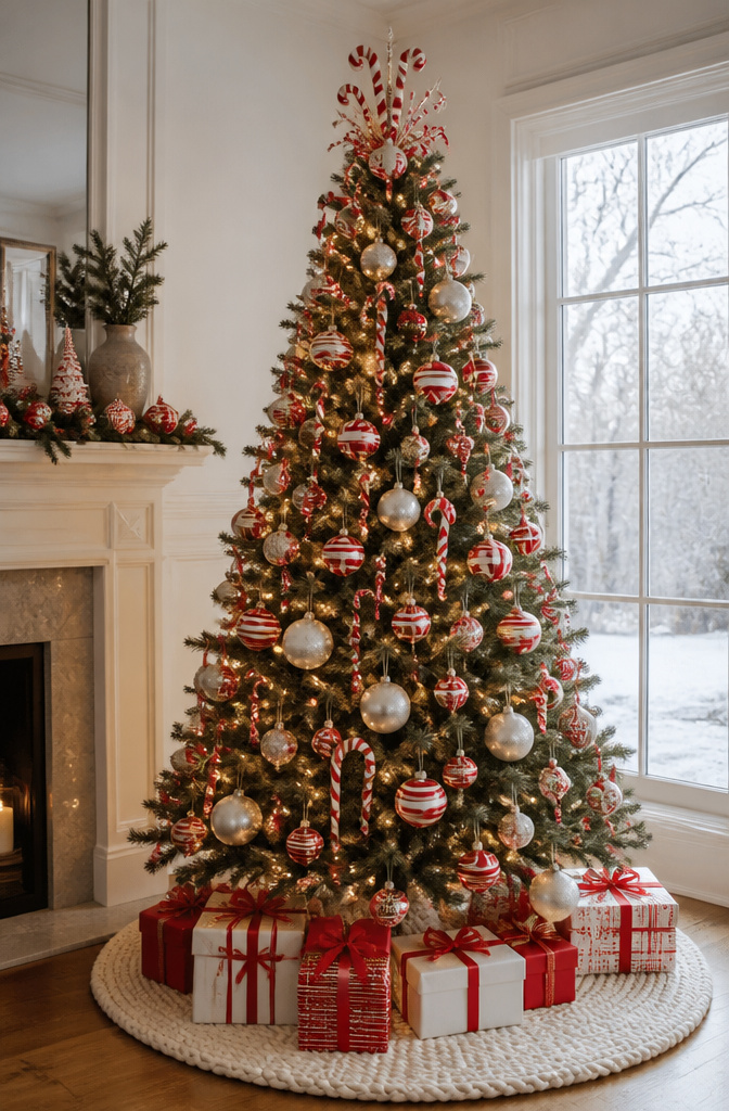 A Christmas tree adorned with red and white candy cane decorations.