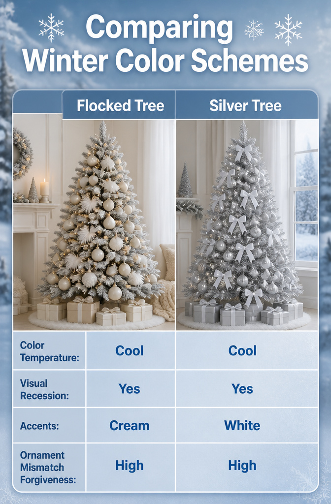 A comparison of winter color schemes for Christmas trees.
