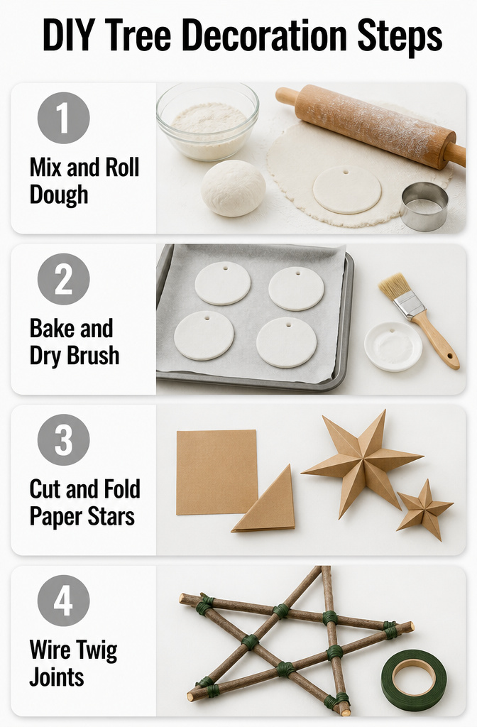 Steps for creating DIY Christmas tree decorations.