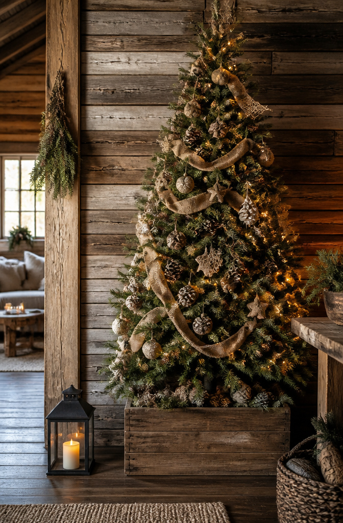 A rustic Christmas tree decorated with pine cones and burlap ribbon.