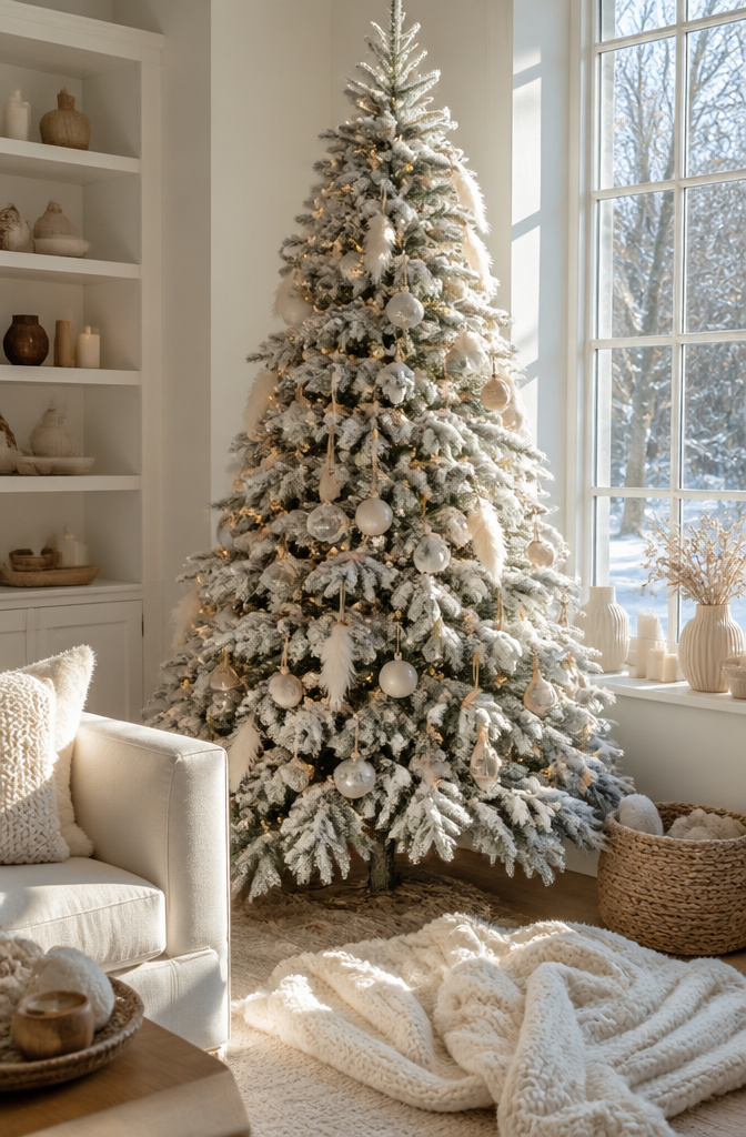 A Christmas tree covered in faux snow and white ornaments.
