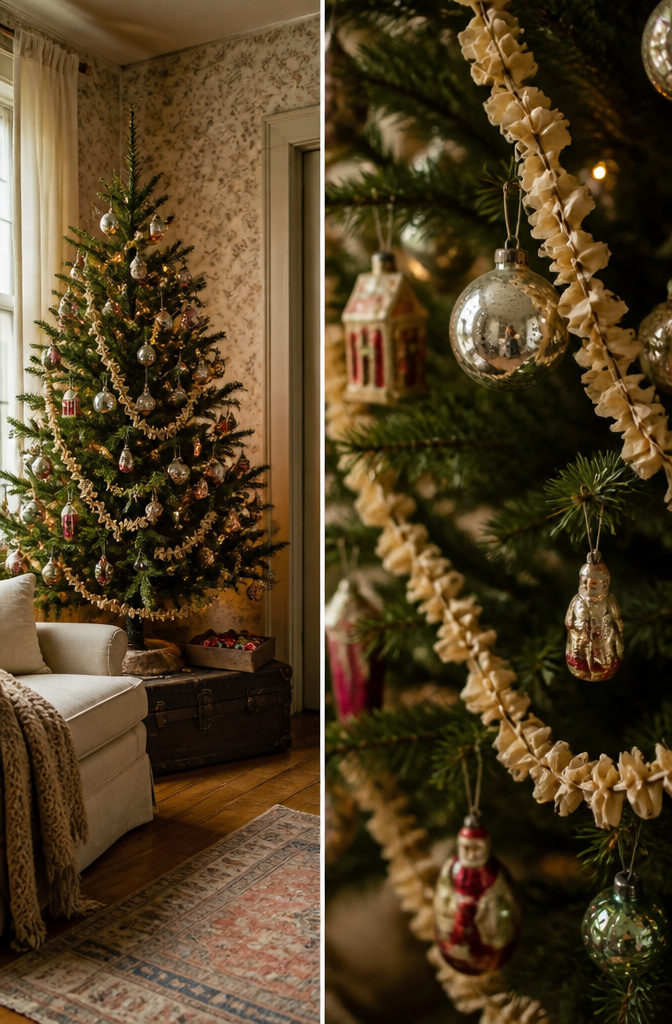 A Christmas tree decorated with vintage mercury glass ornaments.