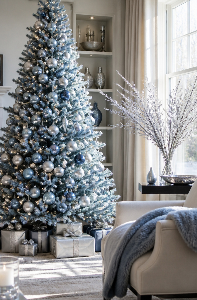 A blue frosted Christmas tree decorated with silver ornaments.