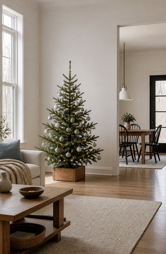 A minimalist Christmas tree with few carefully placed decorations.