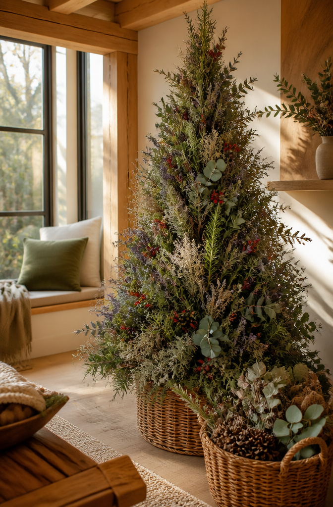 A Christmas tree decorated with dried lavender and eucalyptus.