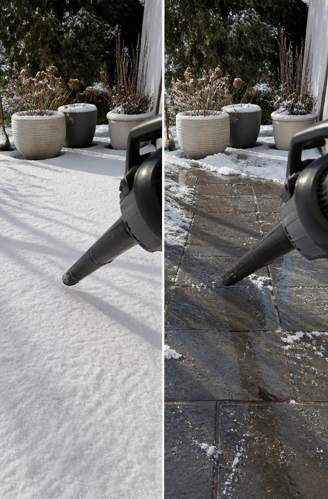 Does a Leaf Blower Work on Snow? 4 Winter Ideas Explained 1 A leaf blower buried in slushy snow on a patio.