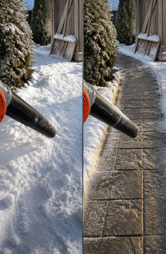 Does a Leaf Blower Work on Snow? 4 Winter Ideas Explained 2 Dry, powdery snow accumulates on a surface near a leaf blower.