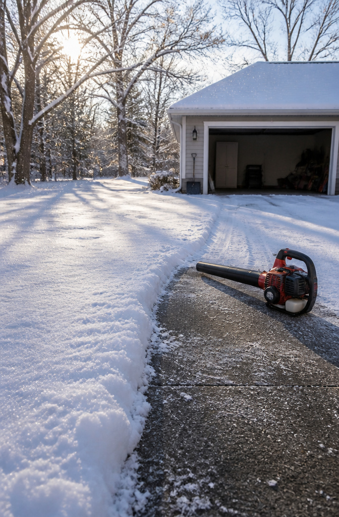 Does a Leaf Blower Work on Snow? 4 Winter Ideas Explained 3 A person using a leaf blower to clear fresh snow with wind at their back.