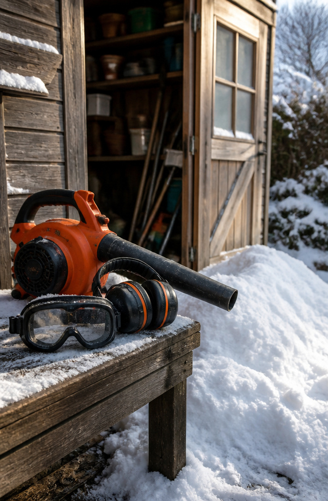 Does a Leaf Blower Work on Snow? 4 Winter Ideas Explained 5 Safety goggles and ear protection resting on a bench near a leaf blower.