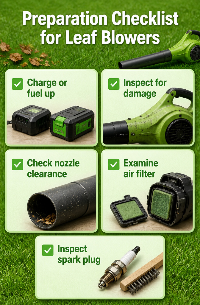 A checklist detailing the preparation steps for leaf blowers.