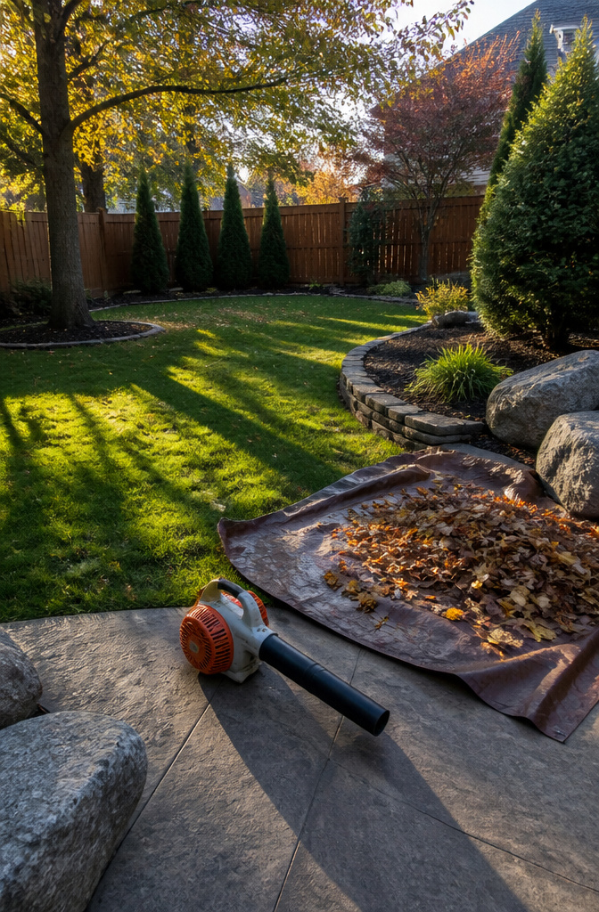 A person blowing leaves into piles in a divided yard.
