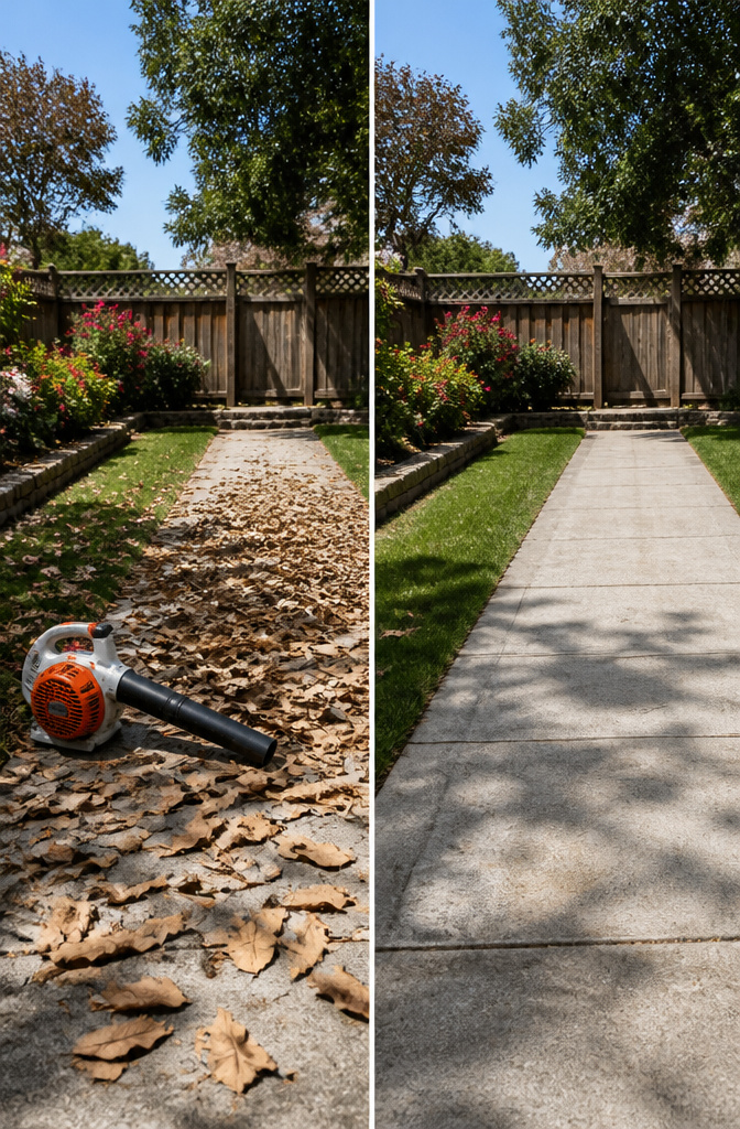 A sunny garden scene with dry leaves on the ground.