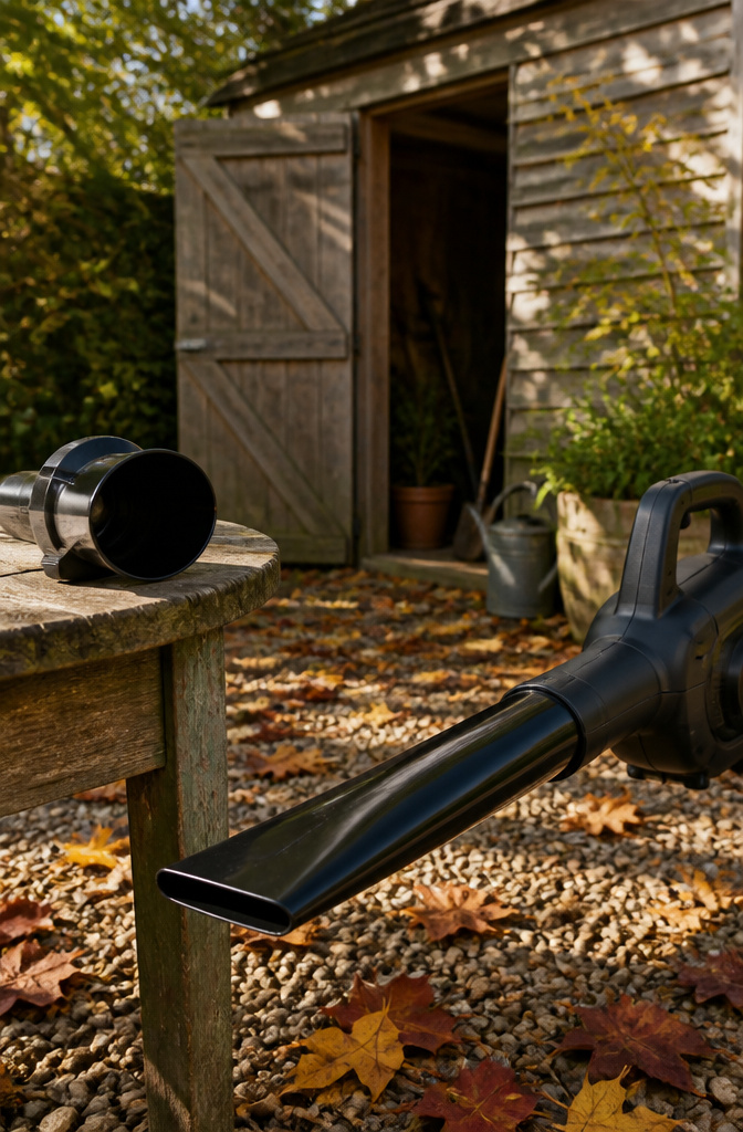 A flat nozzle and a round nozzle of a leaf blower on a table.