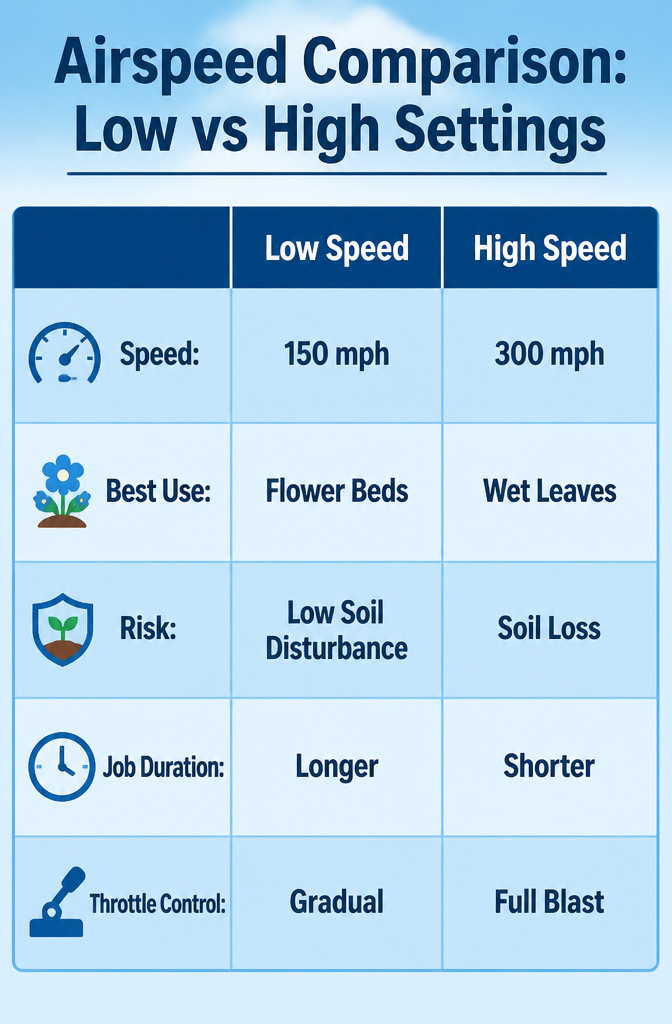 A chart comparing low and high airflow settings for leaf blowers.