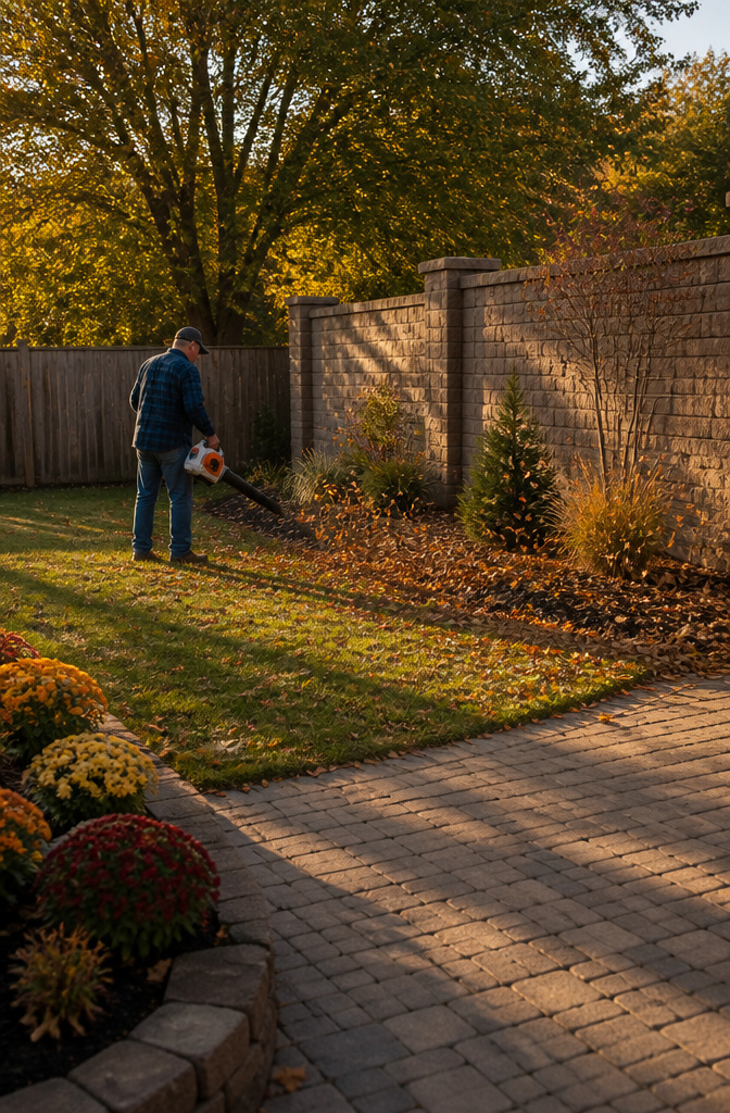 A person using a leaf blower to blow leaves in a garden.