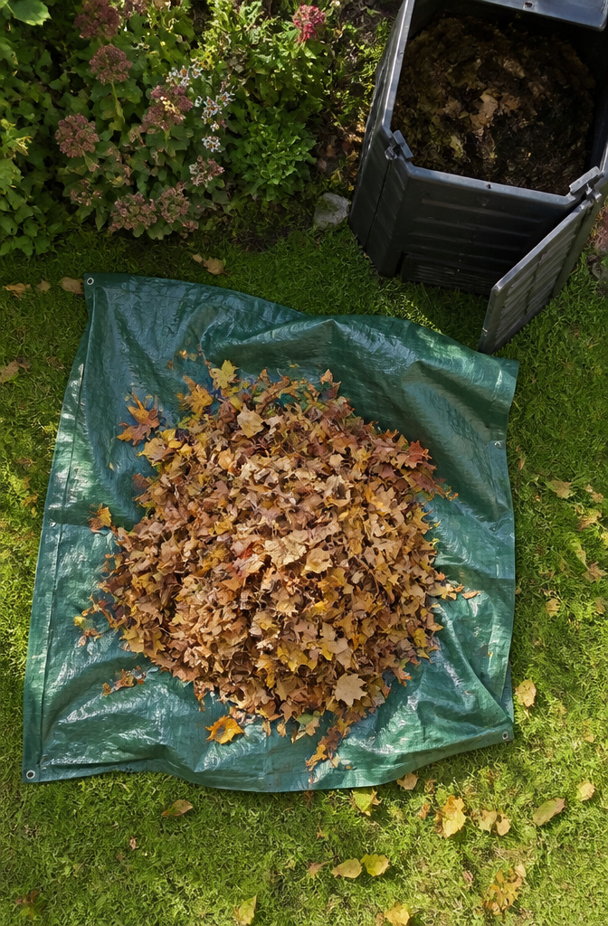 A person drags a tarp filled with leaves in a yard.