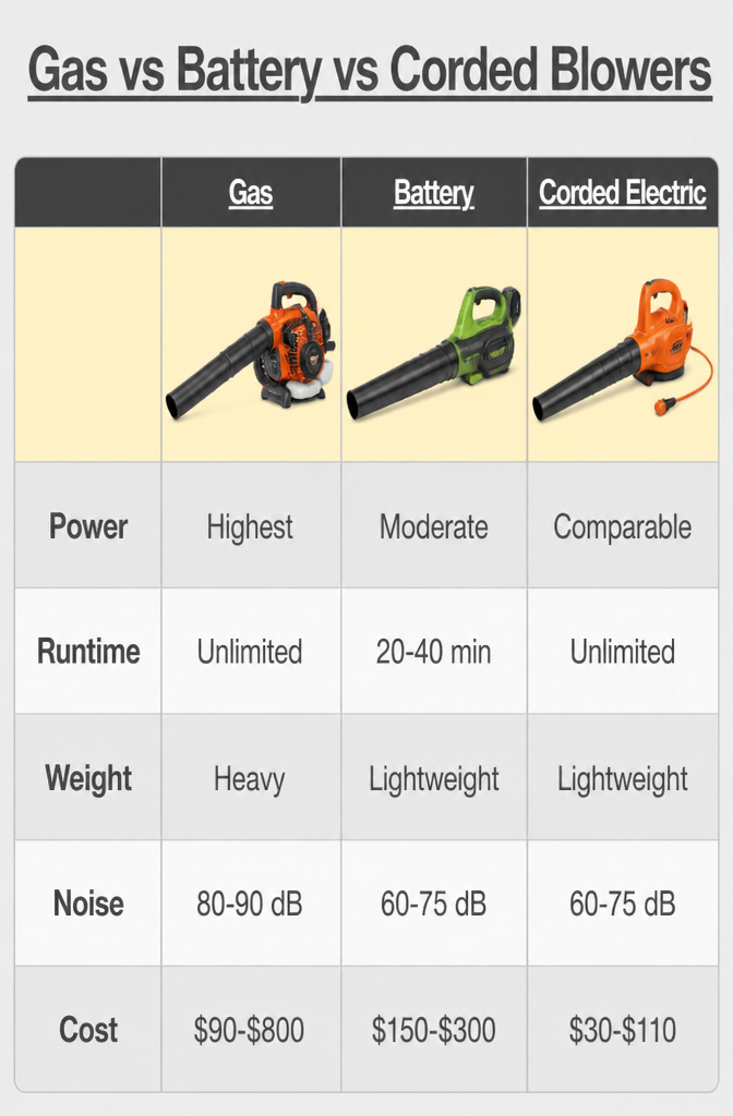 A chart comparing gas, battery, and corded electric leaf blowers.