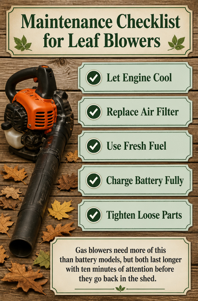 A checklist listing maintenance tips for leaf blowers.
