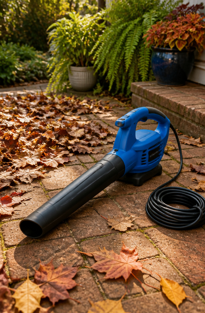 A corded electric leaf blower on a sunlit patio with autumn leaves.