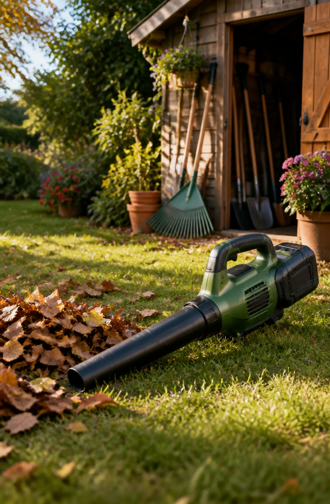 A battery-powered leaf blower on grass with a shed in the background.