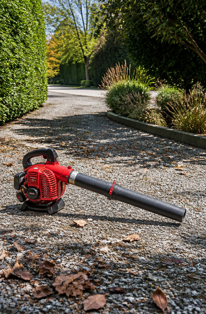 A gas-powered leaf blower on a gravel driveway surrounded by leaves.