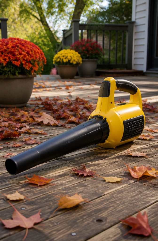 A handheld leaf blower placed on a table in a garden setting.