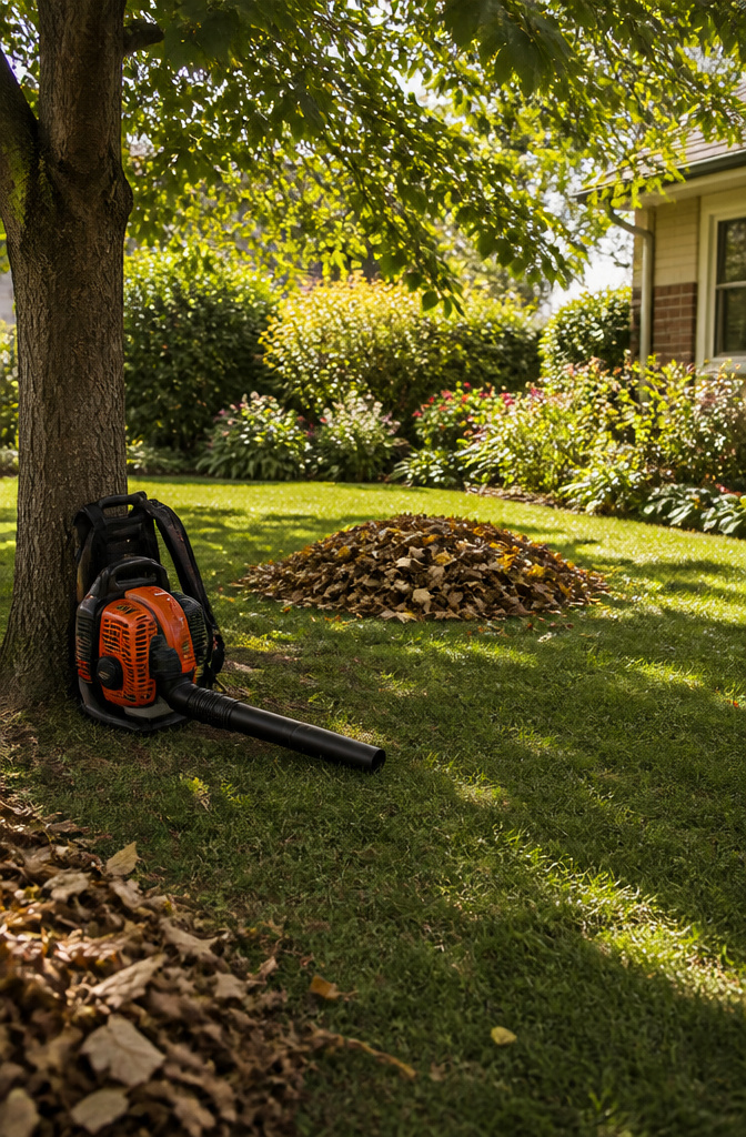 A backpack leaf blower worn on a person's back in a garden.