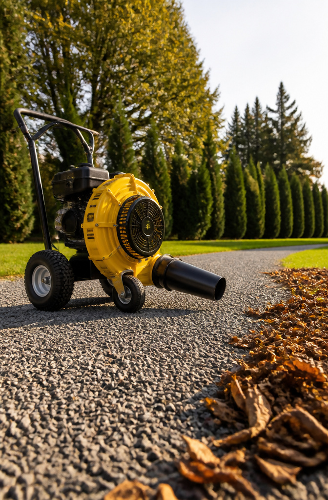 A walk-behind leaf blower on a gravel path designed for large areas.