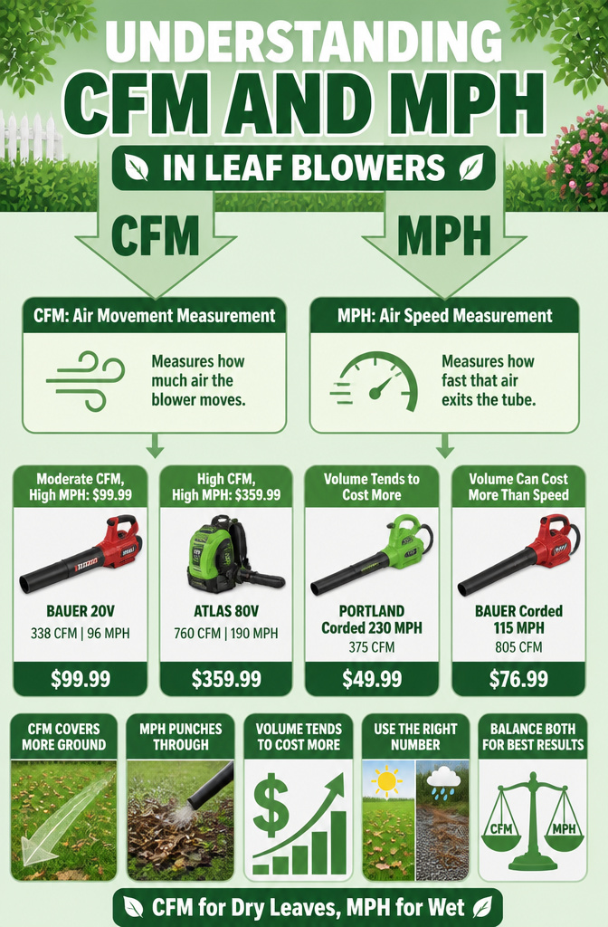 A graphic illustrating CFM and MPH metrics for leaf blowers.