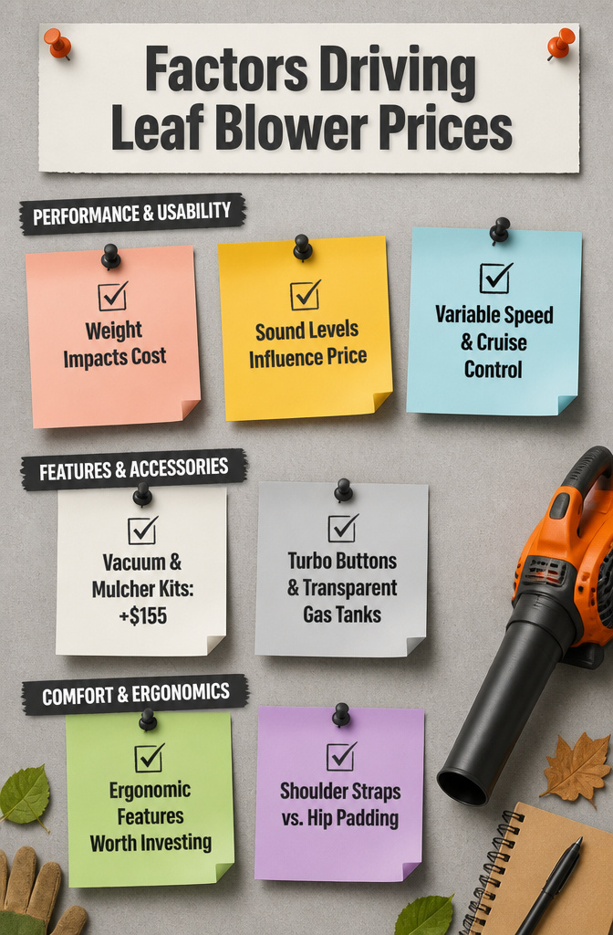 An infographic detailing factors affecting leaf blower pricing.