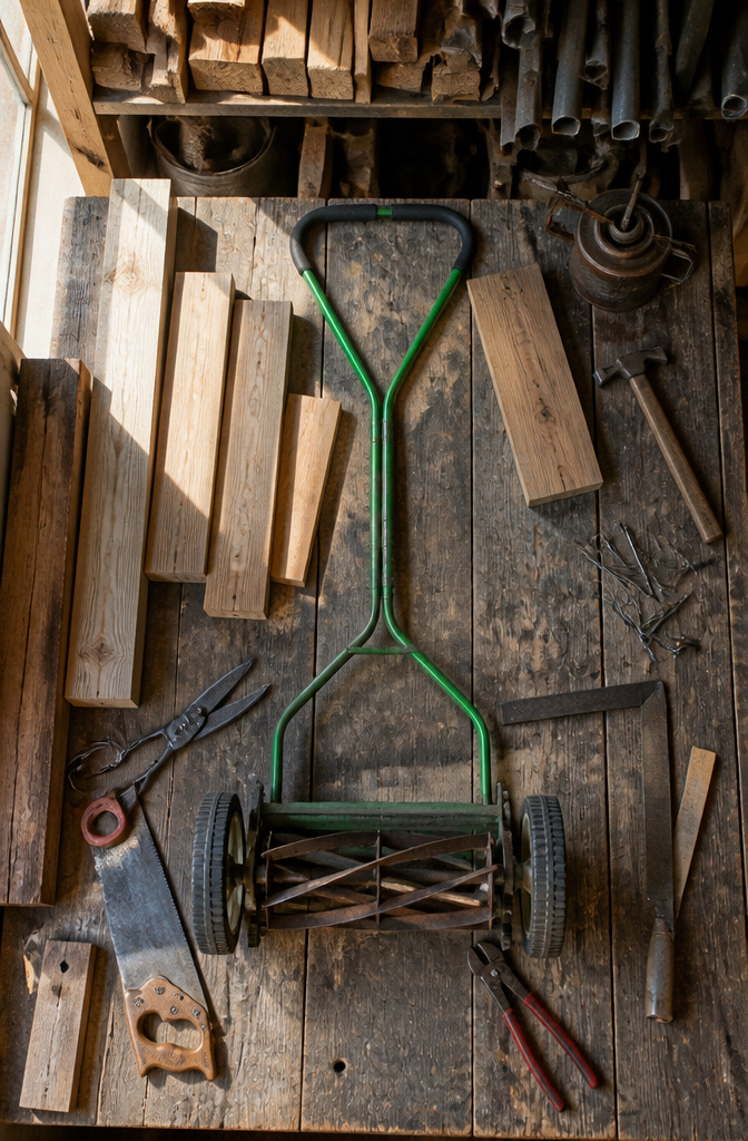 A collection of tools and materials for building a leaf mulcher.