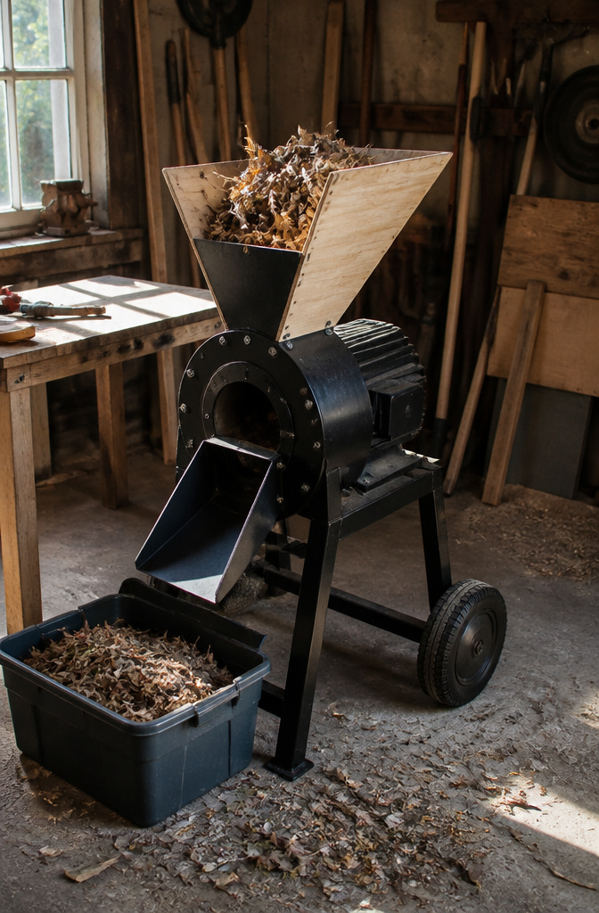 A leaf mulcher ready for testing with leaves at the hopper.