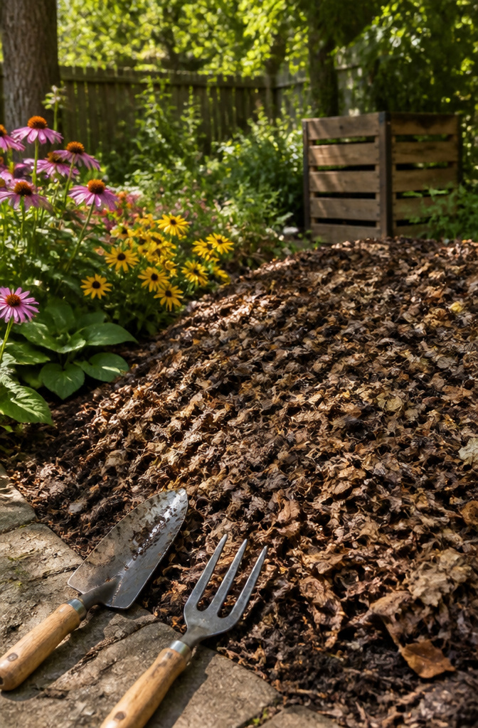 Shredded leaf mulch layered over dark soil in a garden bed.