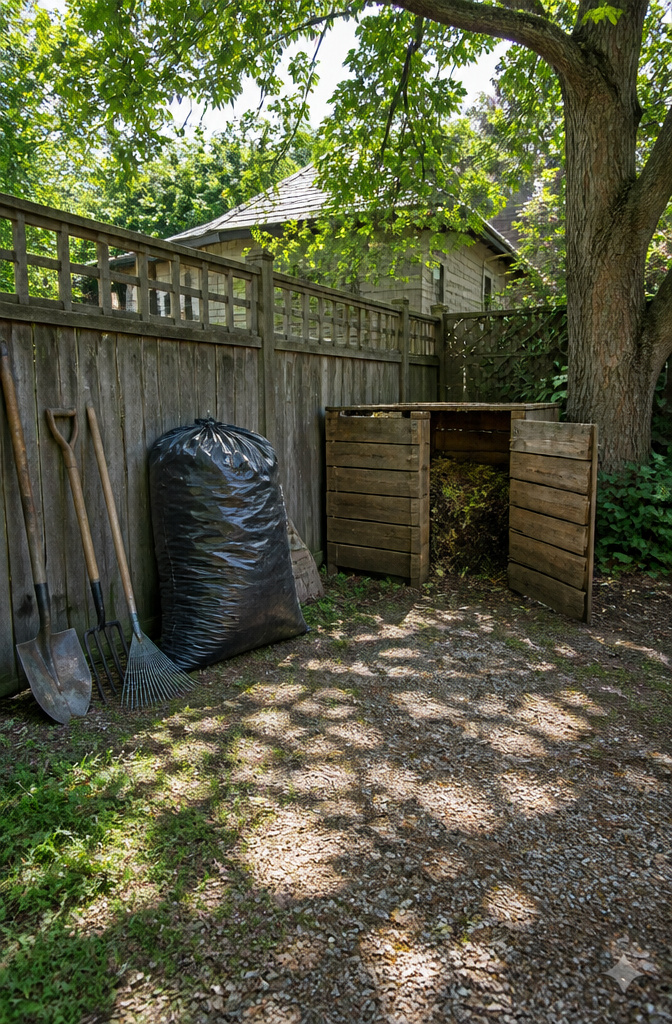 A compost bin and black trash bags for storing shredded leaves.